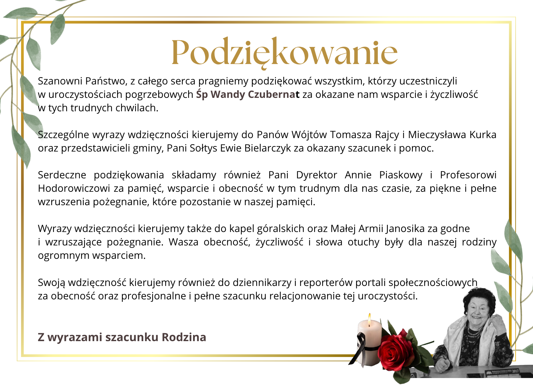 Podziękowanie po uroczystościach śp. Wandy Czubernat od rodziny